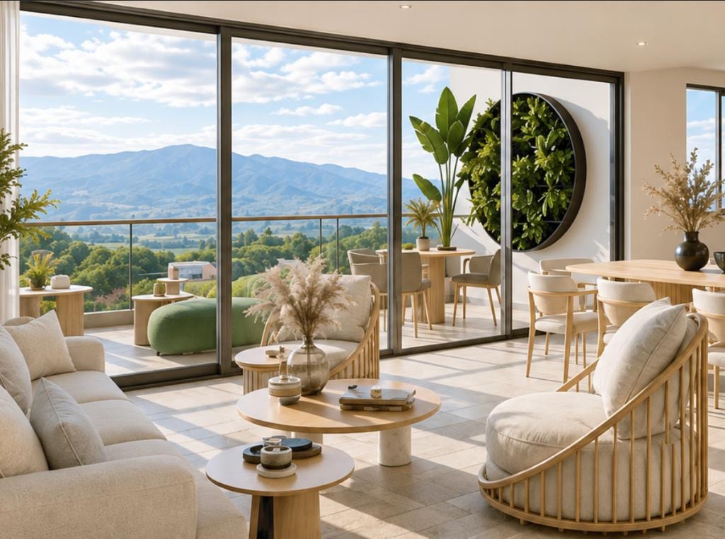 Sala contemporánea con vista a las montañas